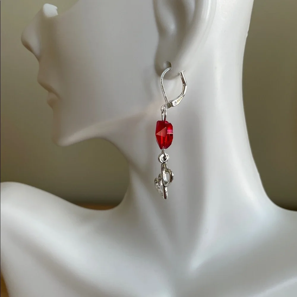 HAND CRAFTED RED CRYSTAL & DOUBLE HEART DROP EARRINGS Faceted Red Crystal Hearts